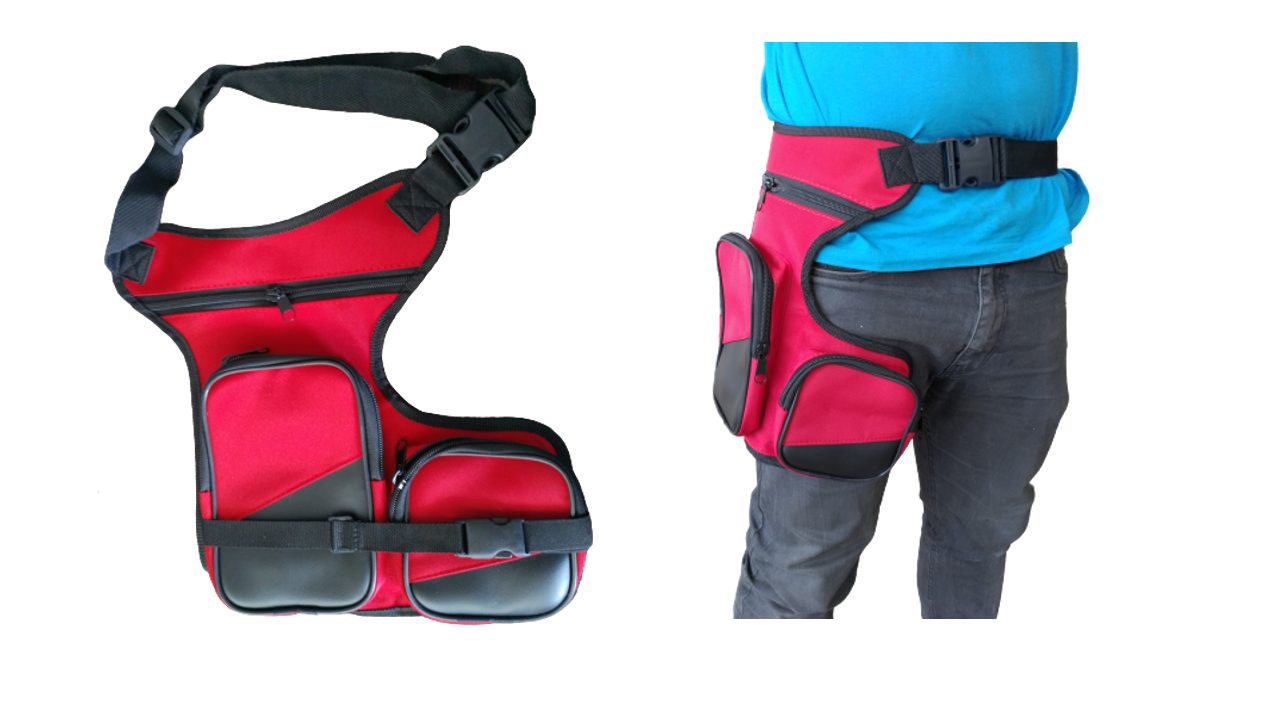 MOTOSİKLET BACAK ÇANTASI KIRMIZI-SİYAH 3 GÖZLÜ.